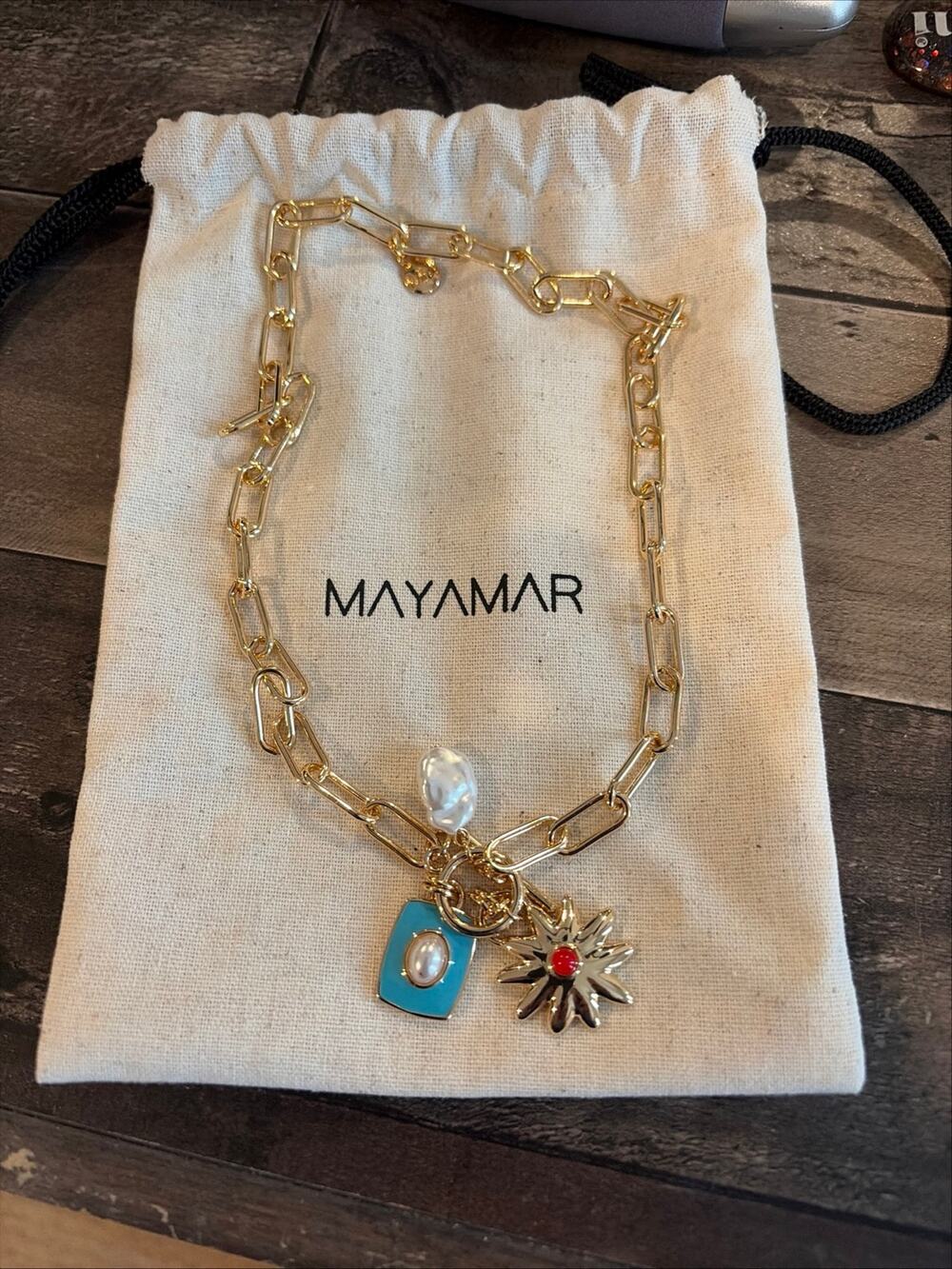 Mayamar Gold Tone Toggle Necklace Turquoise Enamel Sun Charm Pearl Accent